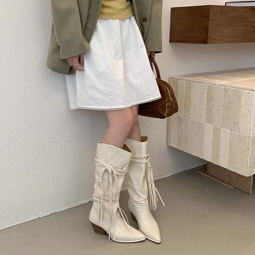 Pointed But Knee High Boots Women's Boots 2025 Autumn and Winter New Suede Retro Thick Heel Lace-up Long Tube Stacking Boots