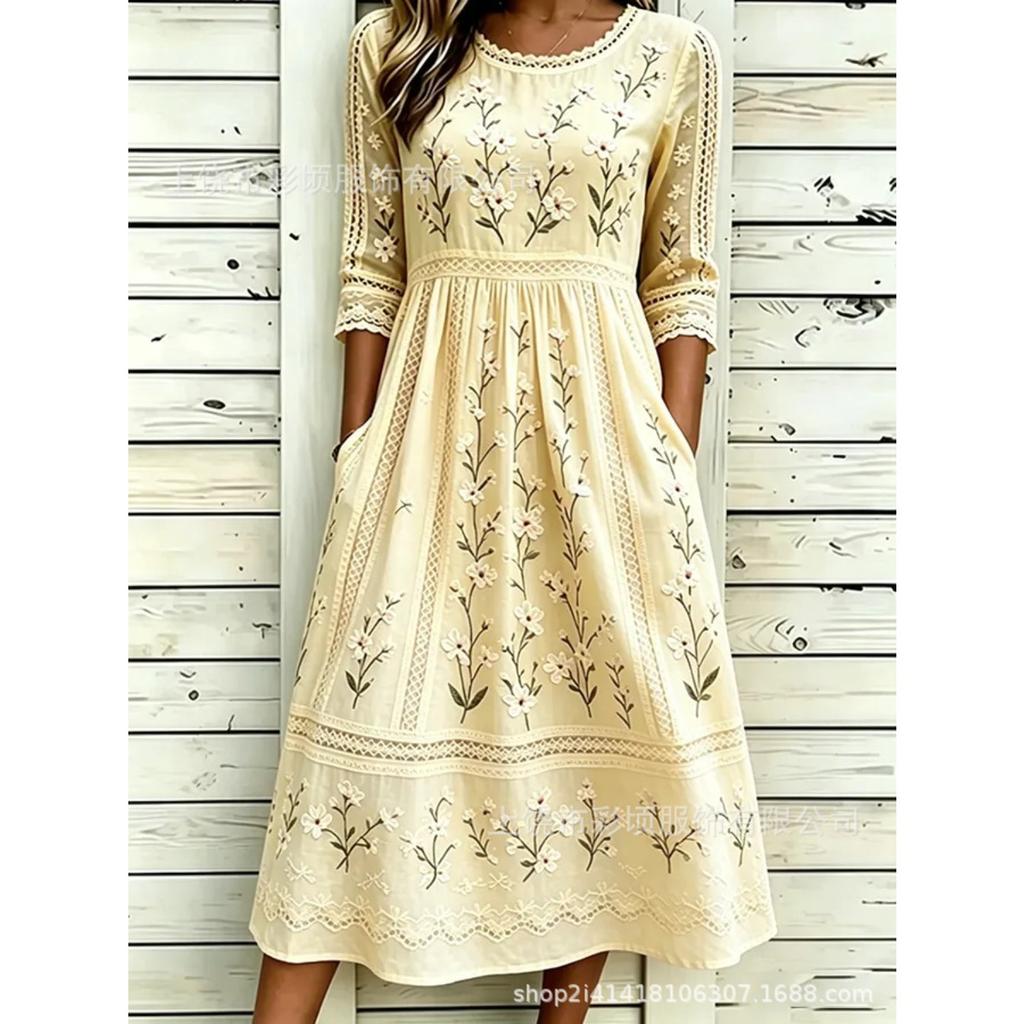 Women's Crew Neck Long Sleeve Loose Fit A-Line Midi Dress Casual 3D Floral Print