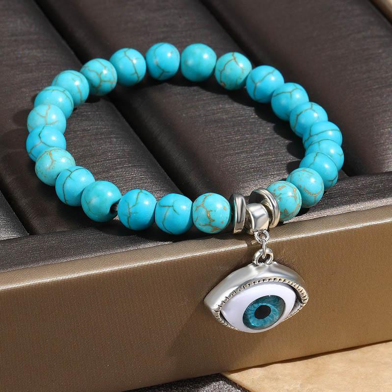 Evil Eye Charm Bracelets Owl Butterfly Starfish Braclets Lucky  Gift 8mm Synthetic Turquoise Stone Bracelet for Women Men