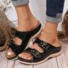 Double buckle cool slippers women's summer round head hollow metal buckle flat bottom outer wear plaid flip-flops