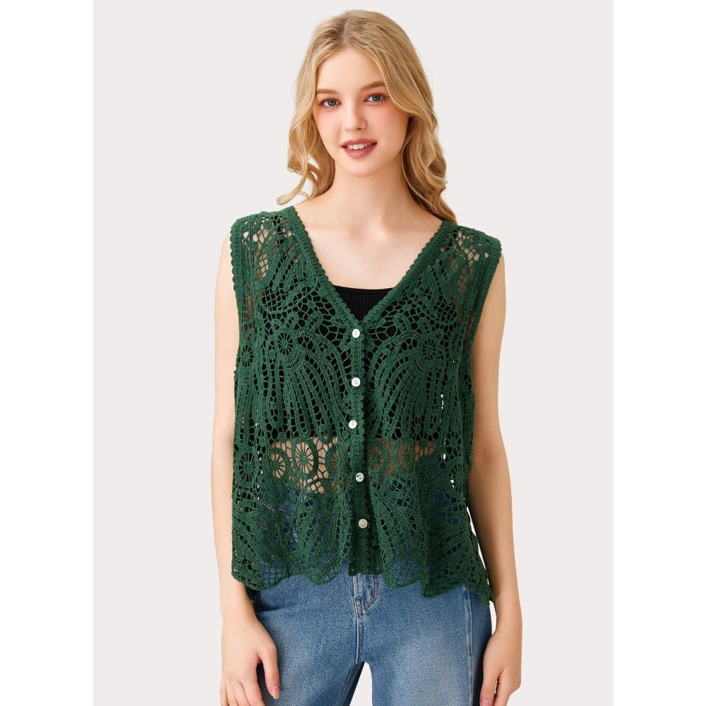 DIMANAF 2026 New T-Shirt Knitting Lace Vest Women Buttons O-Neck Hollow Summer Style Basic Tops Tees Loose Clothing