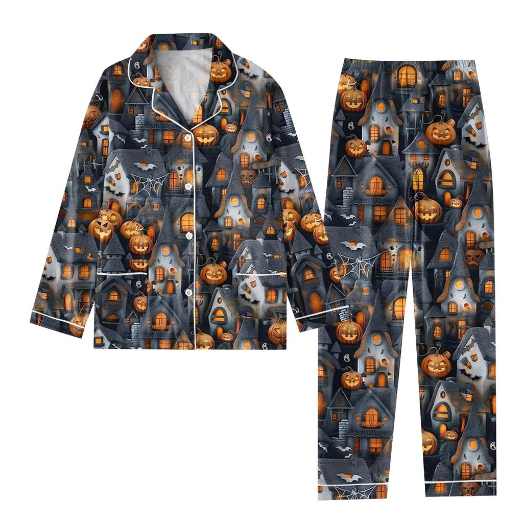 2-teiliger bedruckter Damen-Anzug, langärmelig, Oberteil mit Knopfleiste, weite Hosen, Anzug-Set, Schlafanzug, Home-Casual-Anzug