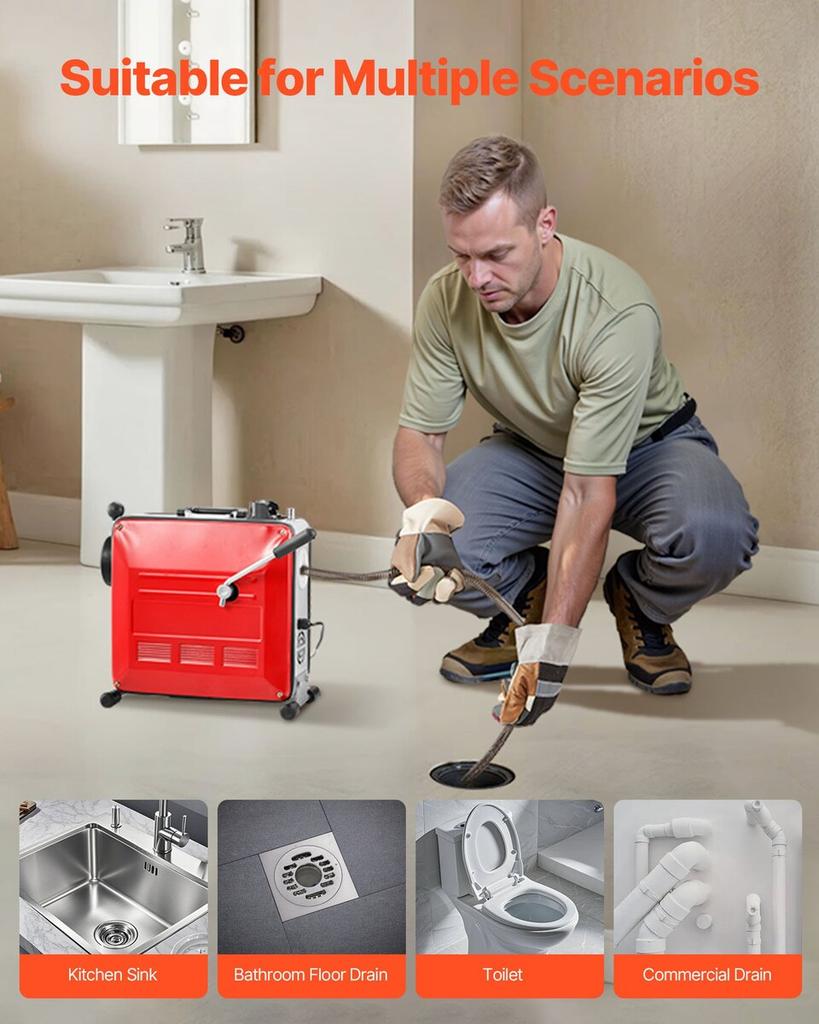 Drain Cleaner Machine, 850W Electric Pipe Drain Cleaning Machine Sewer Snake with 14.5m x 16mm, 14m x 22mm, 5m x 9.5mm, 0.4m x 12mm Steel Spring Cable