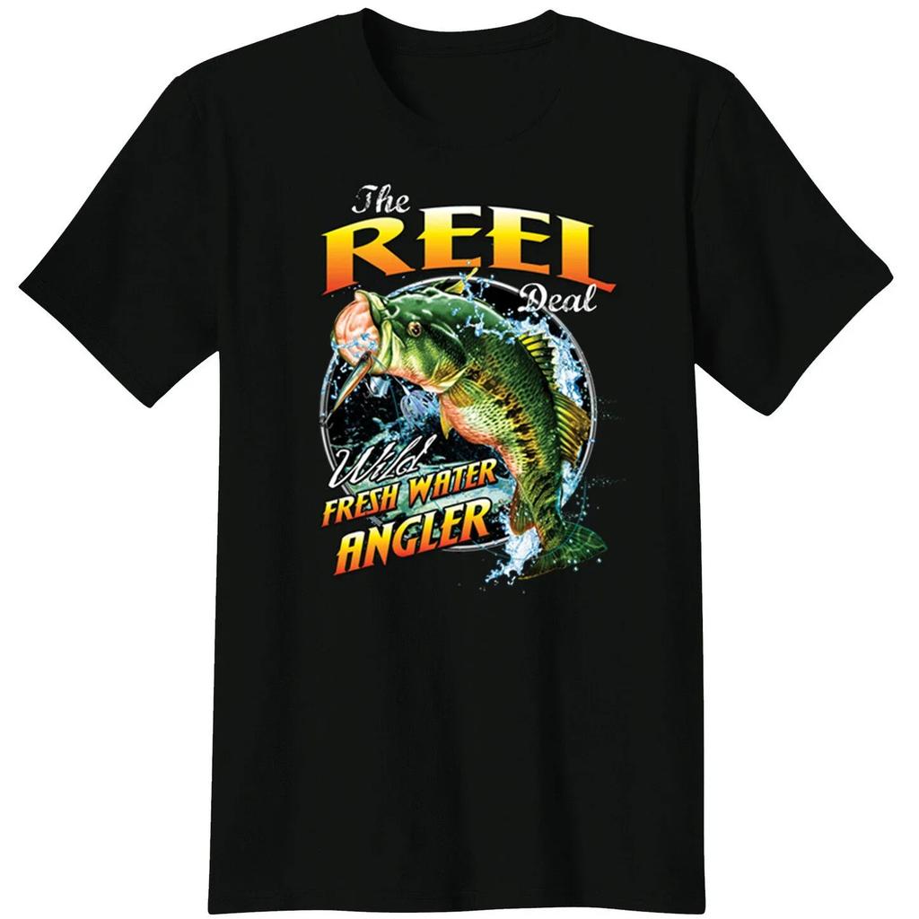 The Reel Deal Wild Freshwater Angler Funny Bass Fishing T Shirt 100% Cotton Short Sleeve O-Neck