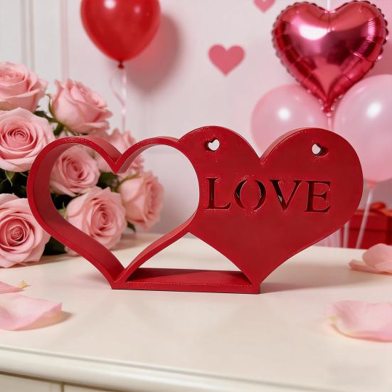 Valentine's Day Heart Decoration 3D Printed Romantic Heart-to-Heart Statue Red Love Heart Tiered Tray Table Sign for Anniversary Wedding Gifts