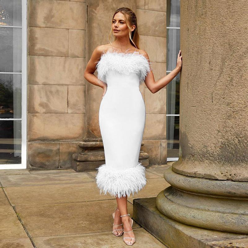 Personality Sleeveless Bodycon Dress with Side Slit and Fur Details Skirt Slim-fit Bag Hip Fluffy Pencil Skirt Dress Dress Skirt Bridesmaid Skirt