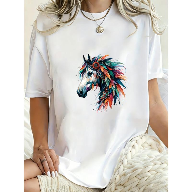 Oversized T Shirt Dress Black Colorful Horse Print Casual Streetwear Fashion Statement Piece For Women Daily Wear Outing And Shopping