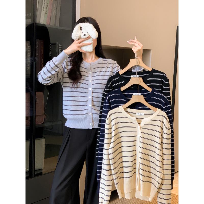 2025 Autumn/Winter Women's Korean Striped Knit Cardigan Sweater