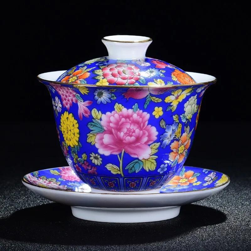 Chinese Kungfu Gaiwan Tea Tureen Intricately Designed Dragon and Phoenix Tea Cups with Elegant Ceramic Color Enamel Teaware