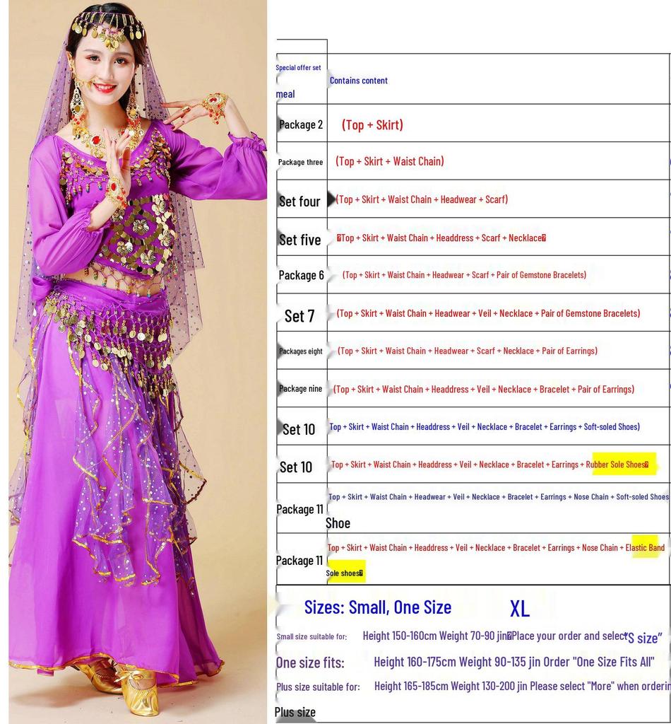 Women's Long Sleeve Indian Belly Dance Performance Costume with Short Sleeve Long Skirt
