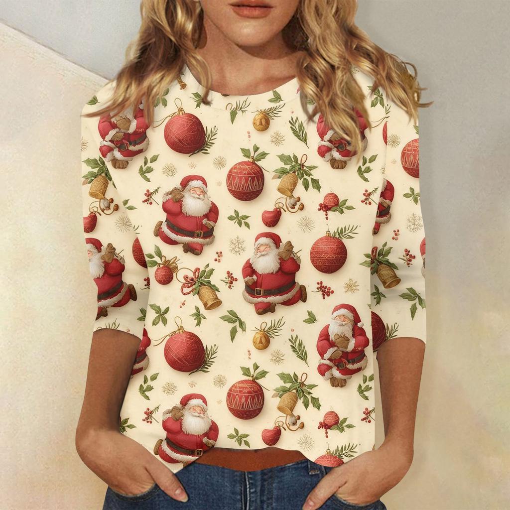 3/4 Sleeve Shirts For Women Print Christmas Tees Blouses Casual Plus Size Basic Tops Pullover