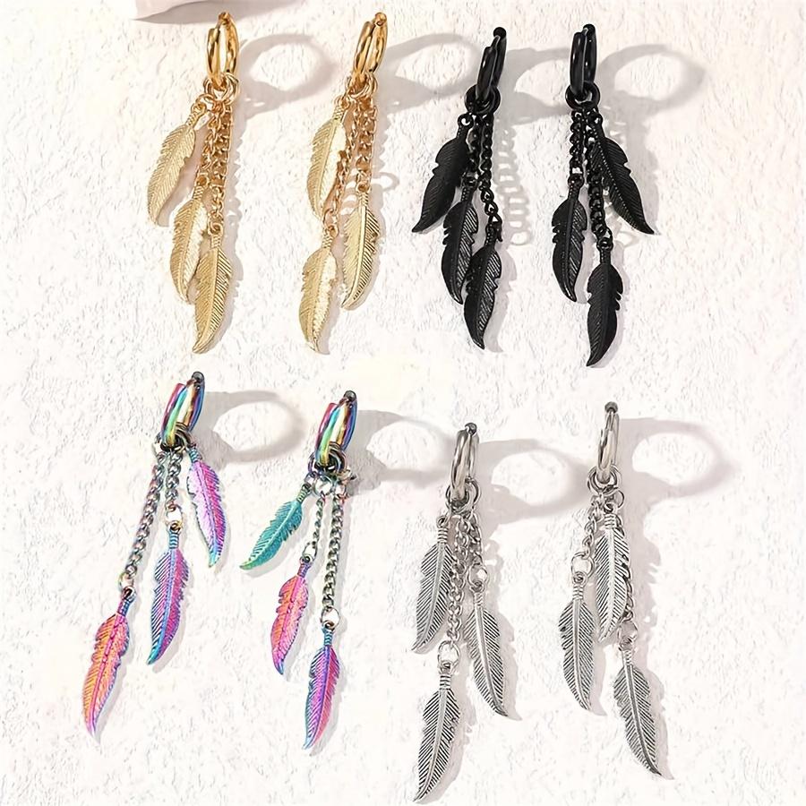 1pair Unisex Punk Hip Hop Stainless Steel Feather Chain Dangle Stud Earrings for Men Women Vintage Piercing Ear Jewelry