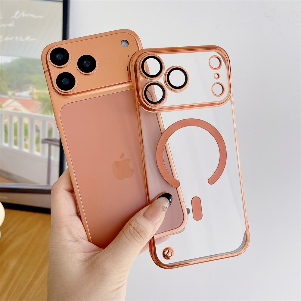 Plating Clear Half Pack Case For Magsafe For iPhone 17 14 13 15 16 Pro Max Plus Air Glass Lens Ultra Thin Frameless Cover