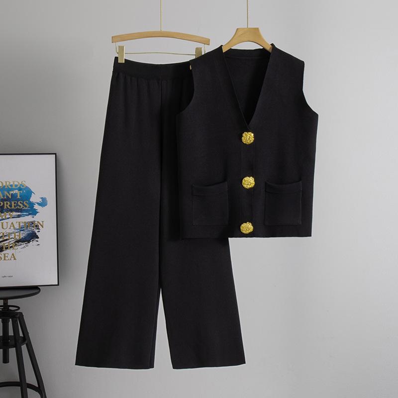 2025 Letní Móda Dvoudílný Pletený Vesta na Knoflíky & Sada Dlouhých Kalhot