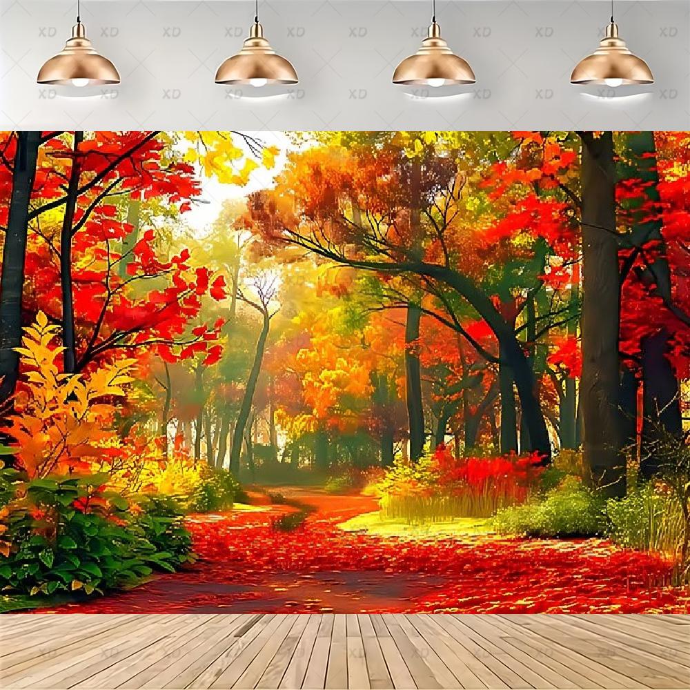 Rustic photographic backdrop: Maple forest, orange autumn leaves, pumpkin banner, for baby shower decorations4929