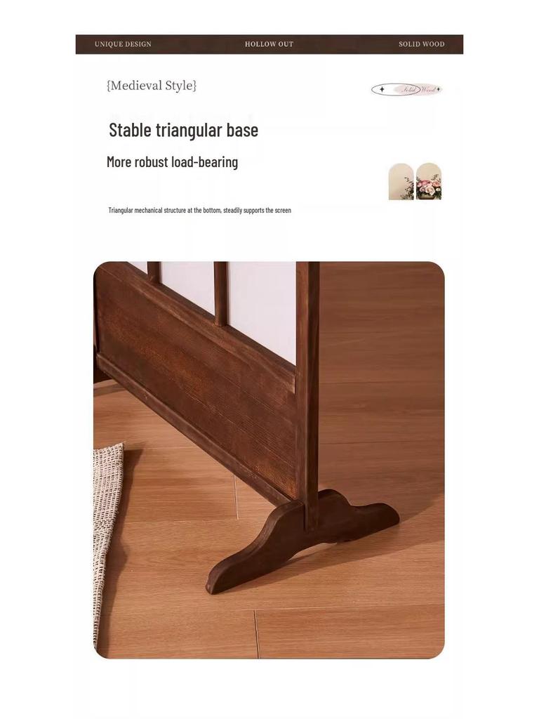 Retro Solid Wood Folding Screen Divider for Living Room and Bedroom