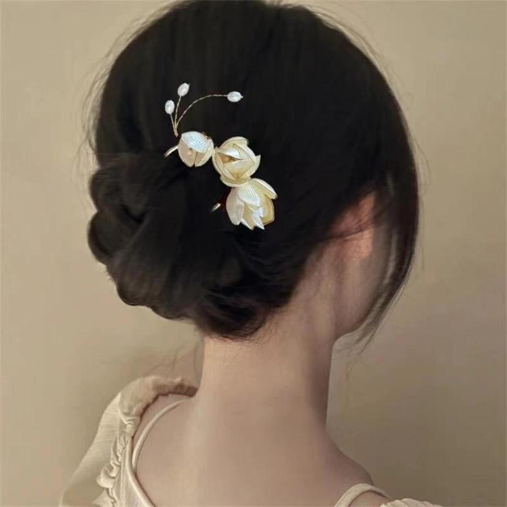 New U Shape Hair Clip Flower Design Alloy Hair Pin Magnolia Elegant Decorative Headwear Hairstyle