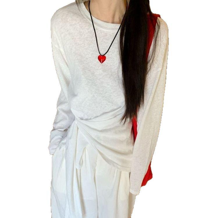 Women's White Korean Style Loose Fit Round Neck Long-Sleeve T-Shirt - Trendy, Unique Design