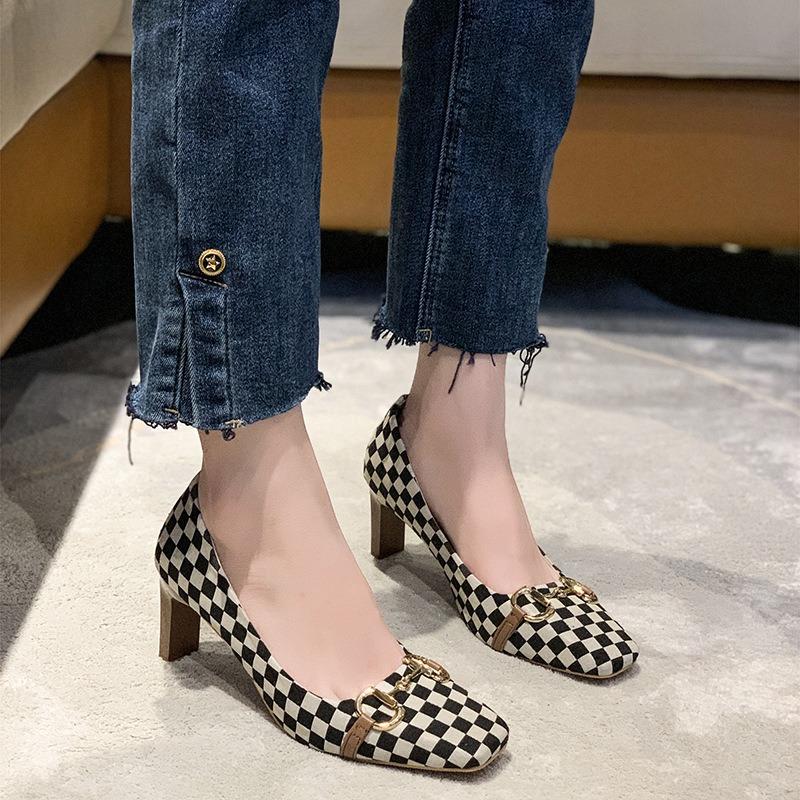 Square Head Single Shoes Women's Fashion Metal Buckle Thick Heel High Heels New Color Matching High Heel Single Shoes