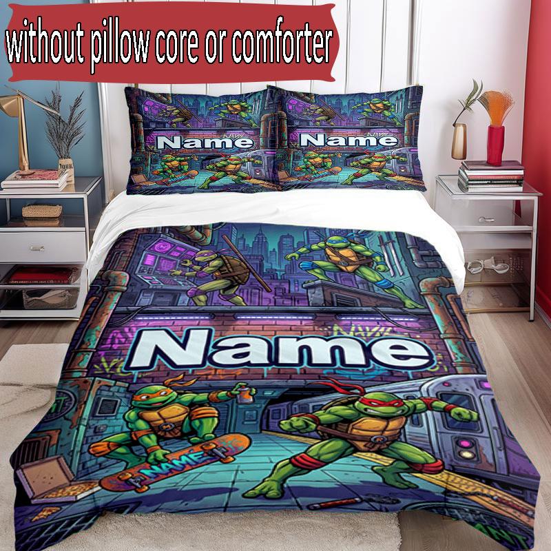 3pcs Duvet Cover Set (1*Duvet Cover + 2*Pillowcase, Without Core), Custom Name Teenage Ninja Turtles Pattern Bedding Set, Home Bedroom Decor Gift