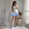 Patchwork Contrast Color Dress Pleated Hem Women Slim Sweet Strap Single Breasted Dresses Blue Y2K College Style 2025 Summer