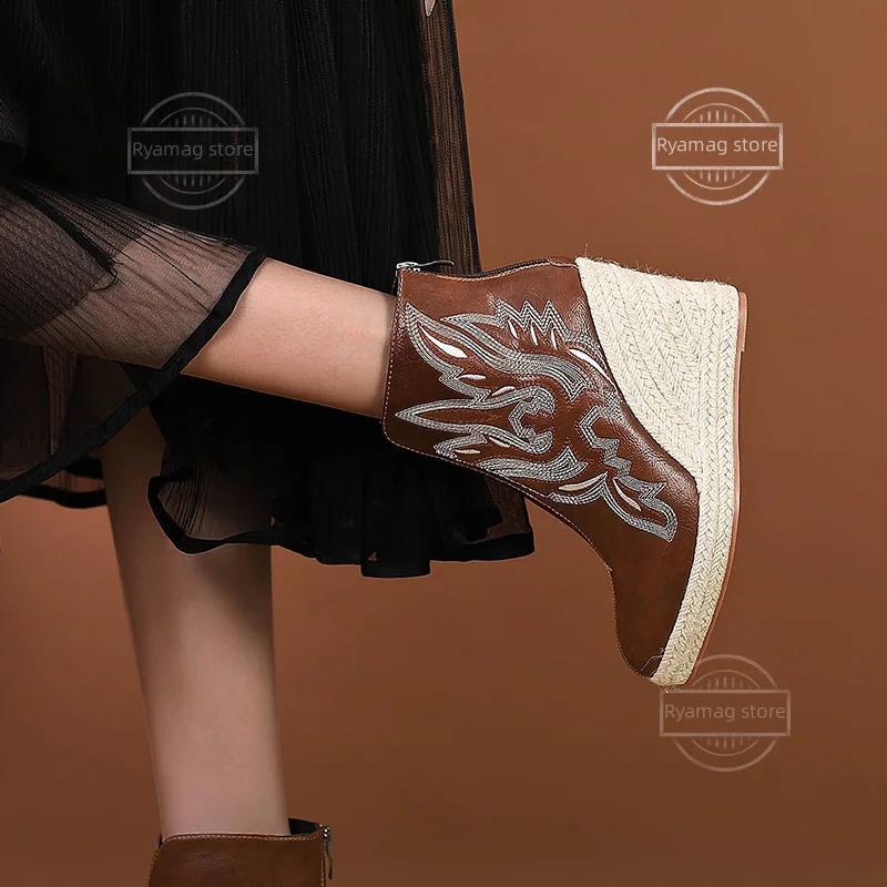 Boots Women's Platform Wedges Espadrilles High Quality Straw Rope Weave Wedge Boots Women Pointed Toe Heels Autumn Winter Shoes