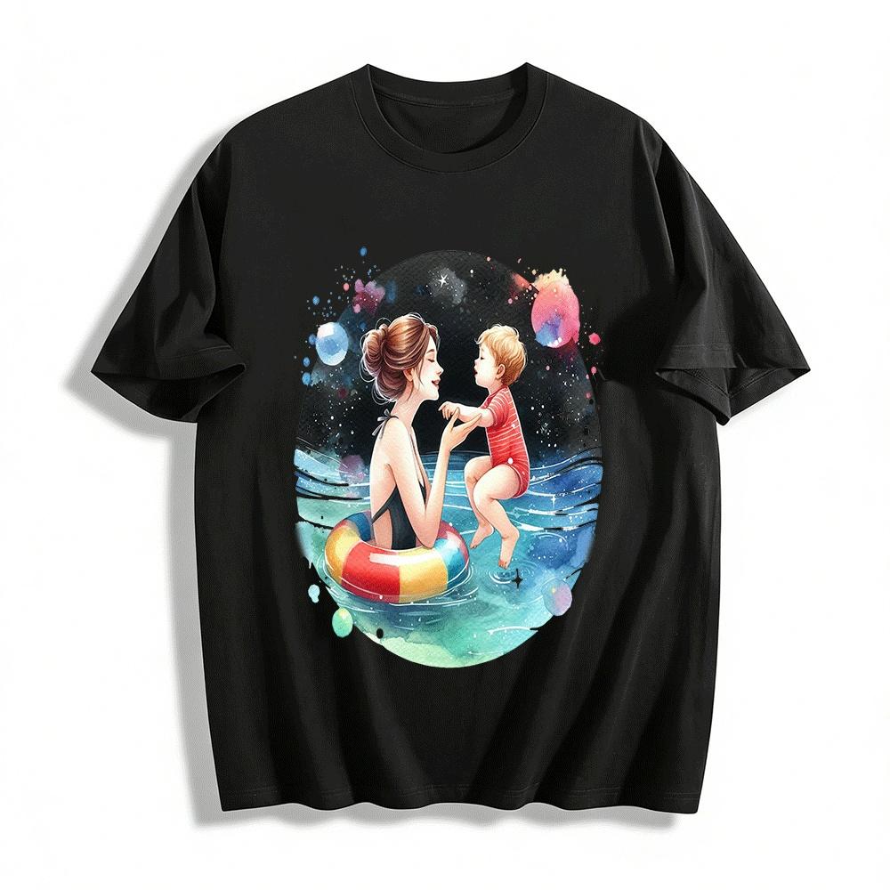 Warm Parent-Child Water Play Print Casual Adult T-Shirt Pure cotton T-shirt XXS