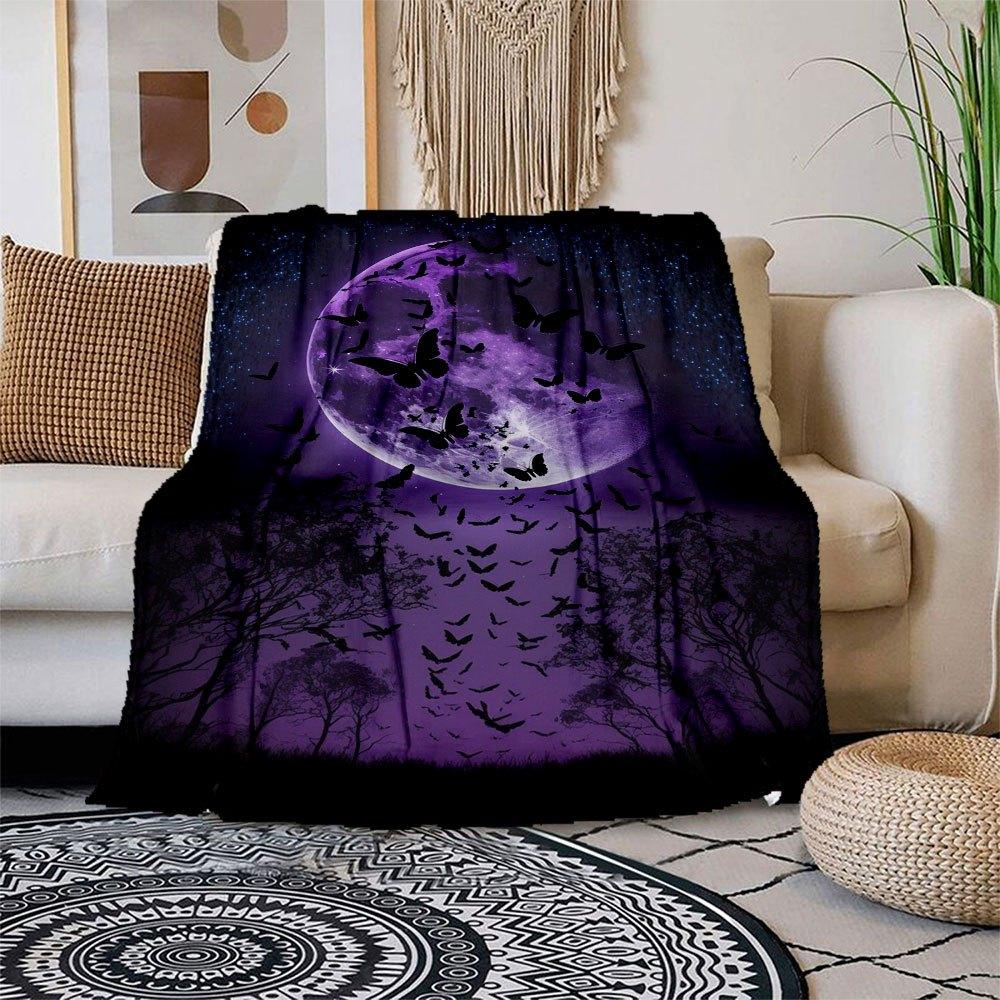 Purple Moon Butterfly Wall Art Print Poster DecorBlanket Flannel Throw Blanket for Sofa, Bed, Travel, Camping, Office
