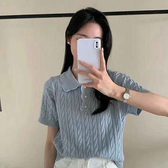 

Summer 2025 Korean Lace Peter Pan Collar Knit Short Sleeve Women s Top Large синій