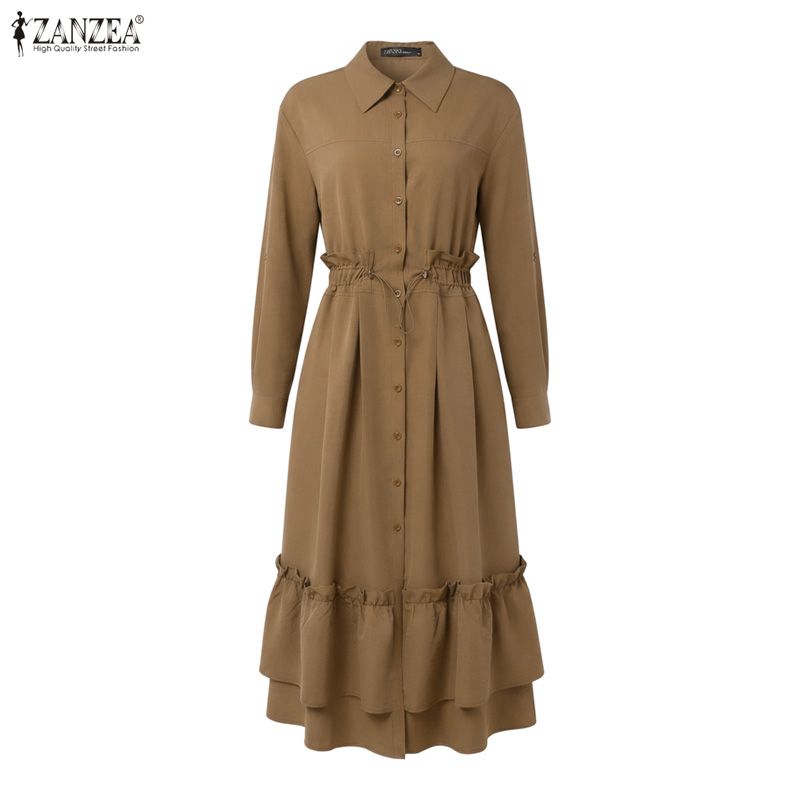 ZANZEA Women Casual Turn Down Collar Loose Long Sleeve Button Long Dress