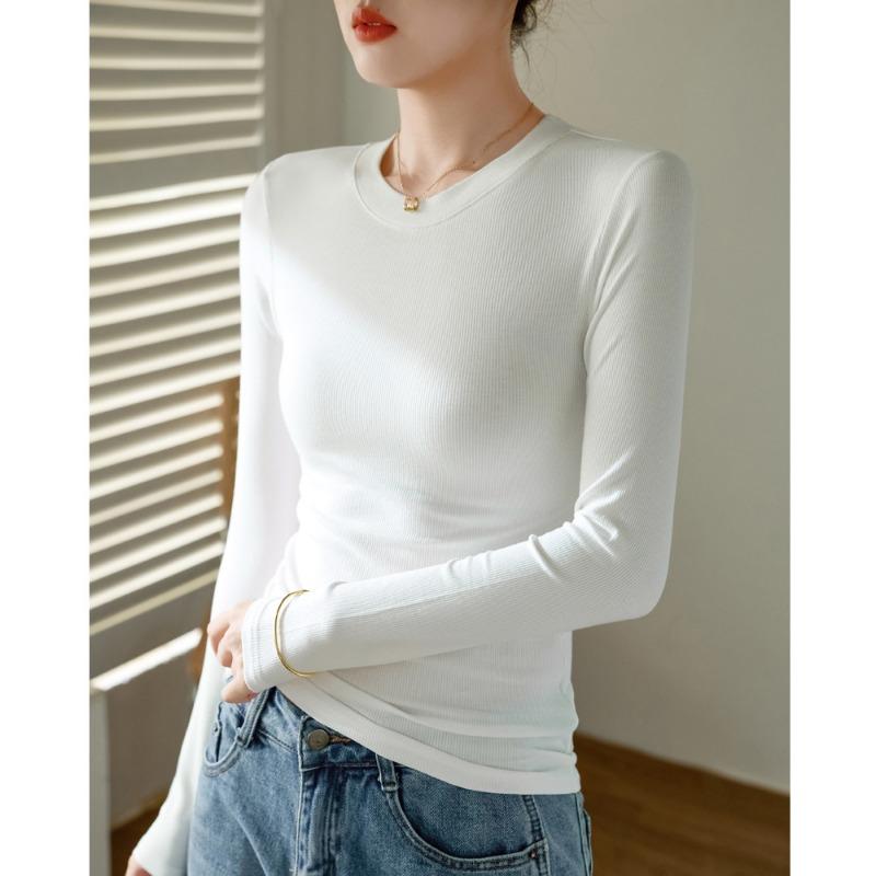Women High Elastic Ribbed Crew Neck Long Sleeve Slim Fit Base T Shirt Top