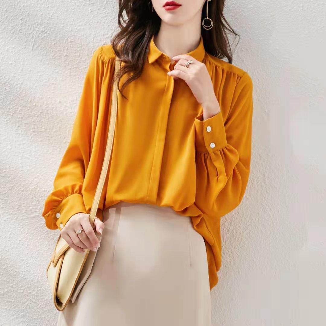 

Свободная красная шифоновая рубашка и блузка с рукавами-фонариками в гонконгском стиле M жёлтый