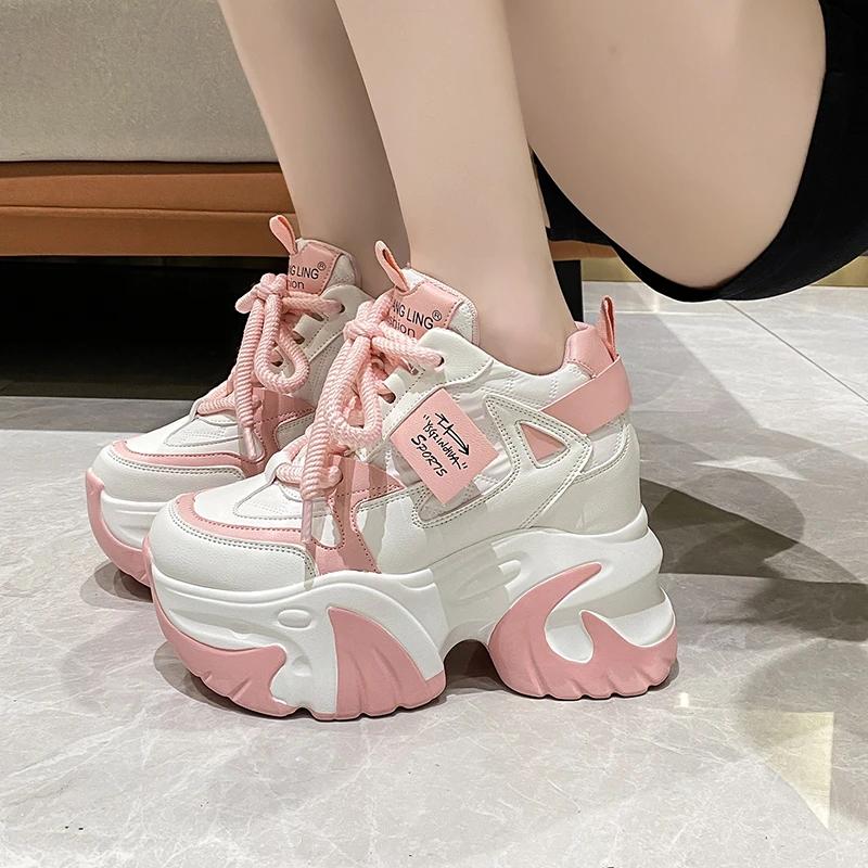 Fashion Women Walking Sneakers 2025 Spring Lace-up High Platform Chunky Shoes Breathable Leather Shoes 10CM Wedge Heels Casual Shoes
