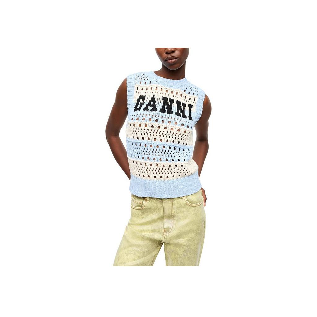 Ganni Ss25 Striped Logo Round Neck Sleeveless Vest Women tops Blue K2486326