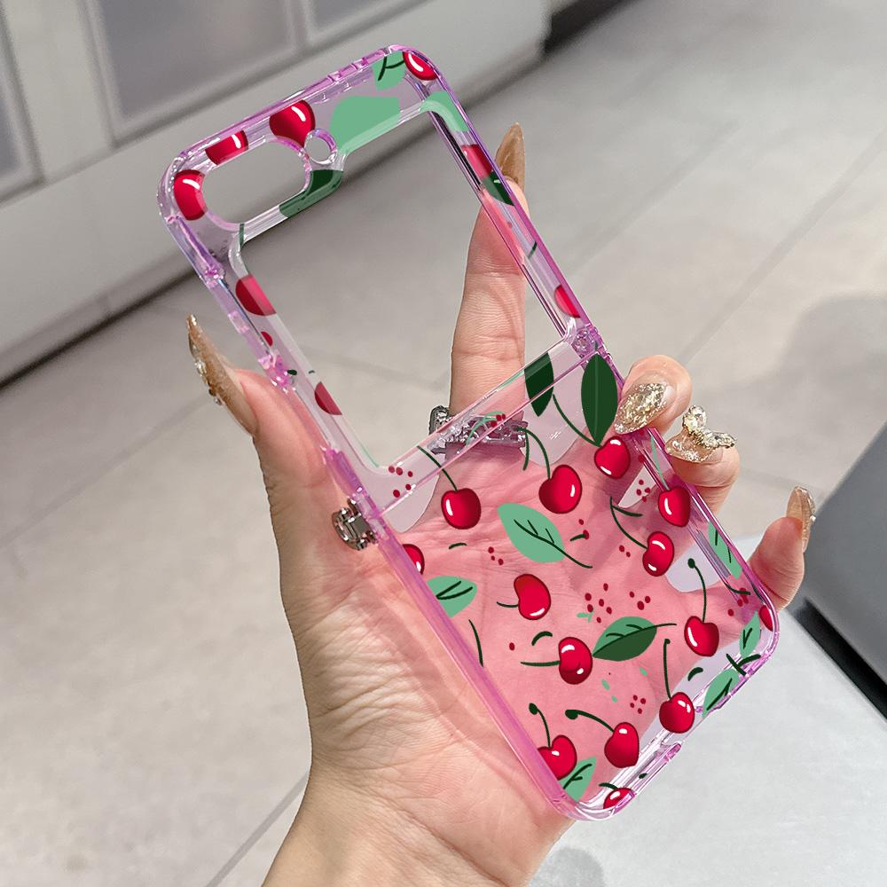 Summer Fruit Cherry Pattern Metal Connector Phone Case for Samsung Galaxy Z Flip3 Flip4 Flip5 Flip6 Flip7 Candy Color Soft TPU