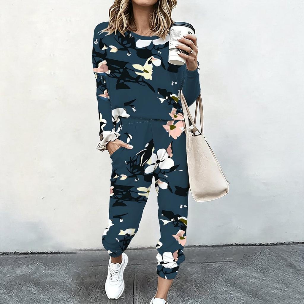 Women Crew Neck Long Sleeve Top And Straight Trousers Two Piece Comfortable Daily Matching Outfit