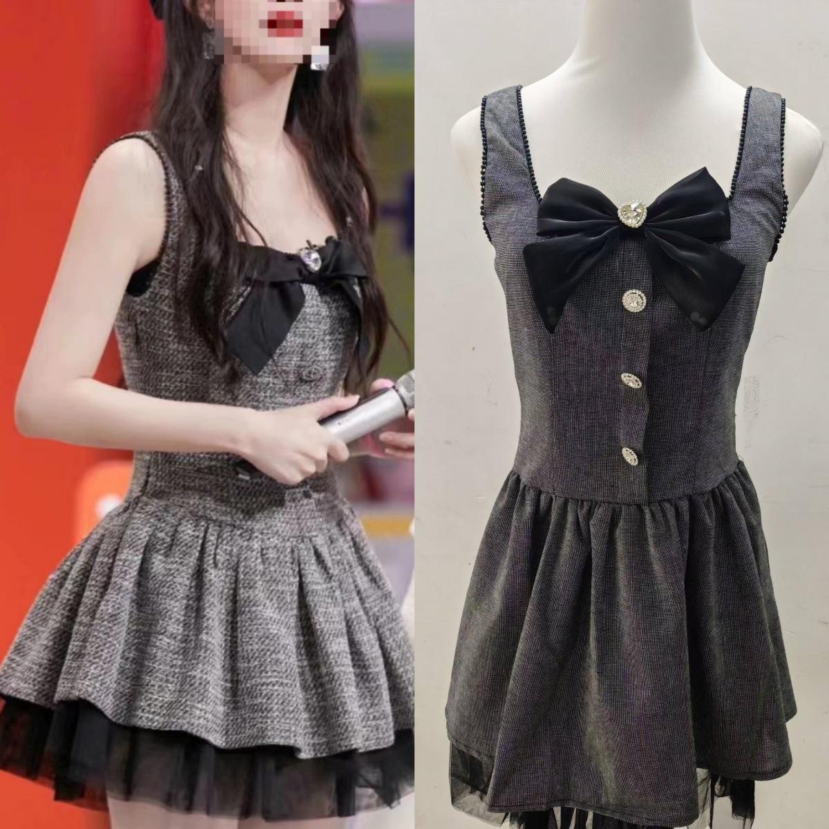 

Летнее платье 2025 года Meng Ziyi на бретелях с пышной юбкой и отделкой стразами S темно-серого