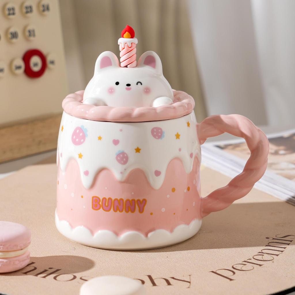 Cute Ceramic Cup with Lid, Spoon, and Straw – Perfect Birthday or Couple's Gift
