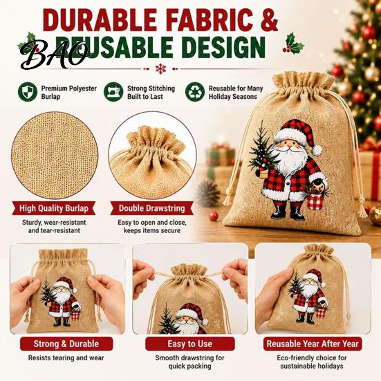 Christmas Theme Packaging Materials Jute Burlap Gift Bags, Drawstring Treat Candy Party Favor Bags Bag, Reusable Linen Pouch for Holiday Favors Small