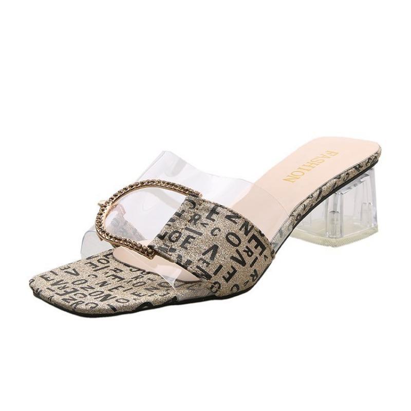 Fashion Crystal Transparent Slippers Female Shoes Comfortable Middle Heels Women New Summer Shoes Woman Fashion Cool Letters Slippers
