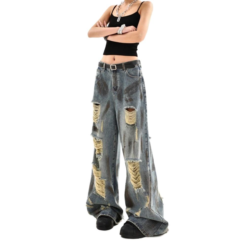 Women's Tie-Dye Cyberpunk Distressed Jeans - Vintage Washed Loose Straight Wide-Leg Pants for Summer Retro Dropped Drape Trousers