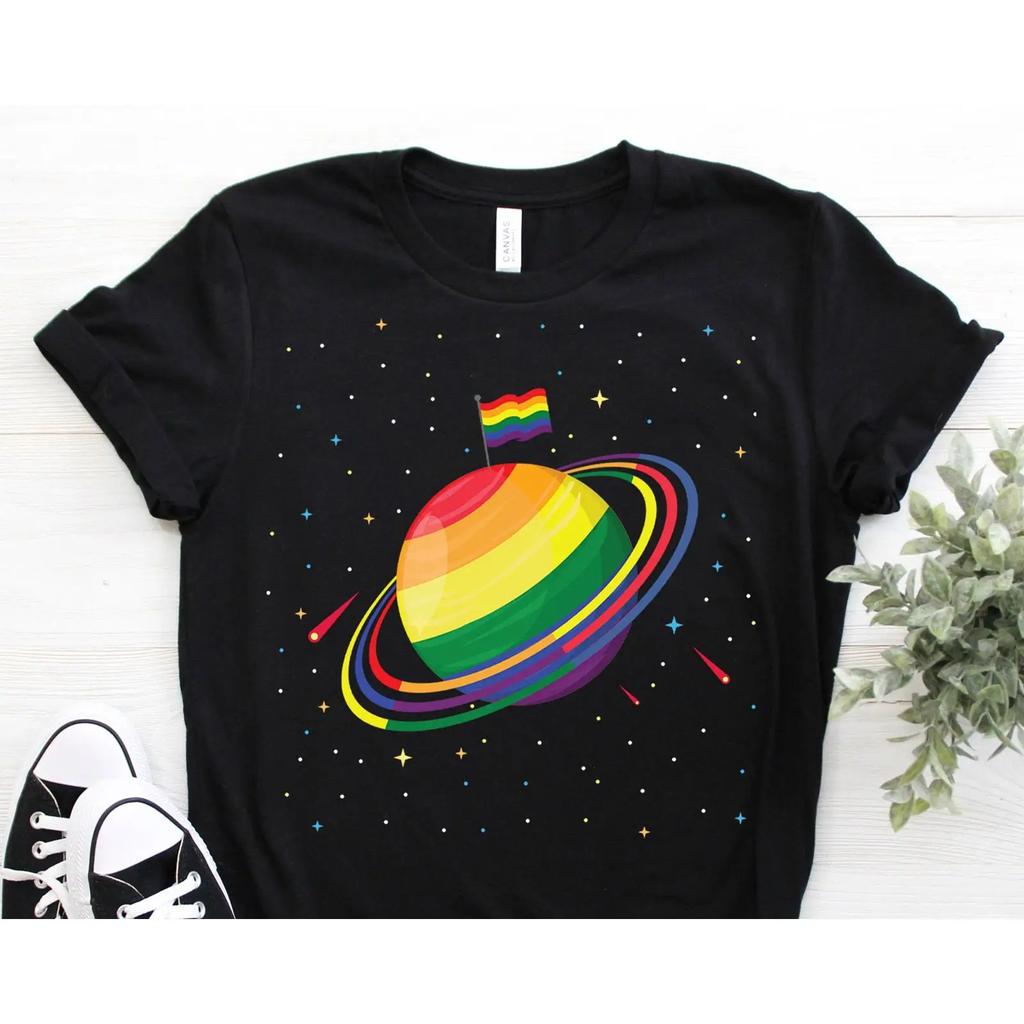 Rainbow Planet LGBT Pride T Shirt Equality Support Lesbian Gay Bisexual Parade Birthday Casual Top vintage Washed Stretched