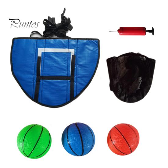 1 sada trampolínového basketbalového koše se 3 mini míčky, opěrka a pumpa odolná vůči povětrnostním vlivům Snadno sestavitelná dětská sportovní zábava Trampolínové příslušenství pro