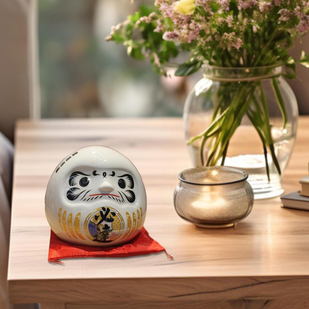 Ceramic Daruma Doll Statue Ornament Piggy Bank for Cafe Apartment Restaurant Red