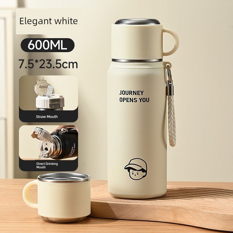 316 Stainless Steel Large-Capacity Thermos Cup, Dual-Use Thermos Cup, Portable Sports Water Cup, Portable Travel Kettle, Water Cup Elegant White 600ml