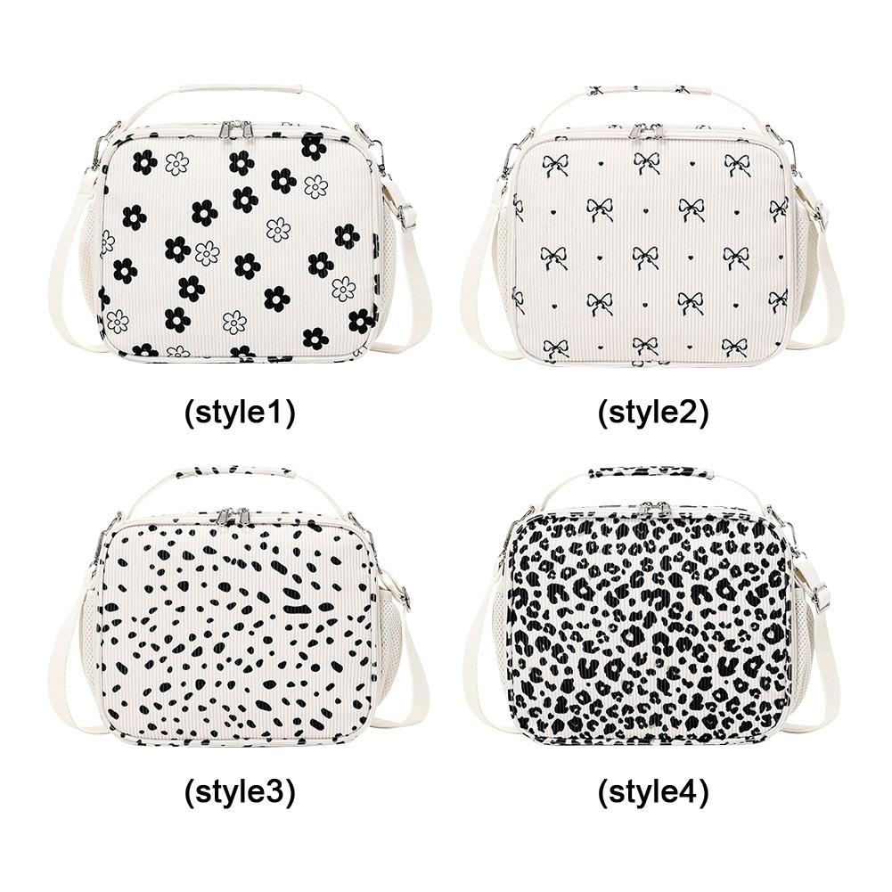 Corduroy Picnic Food Pouch Large Insulation Lunch Box Floral Printed Lunch Tote Bag for Picnic School Work Travel