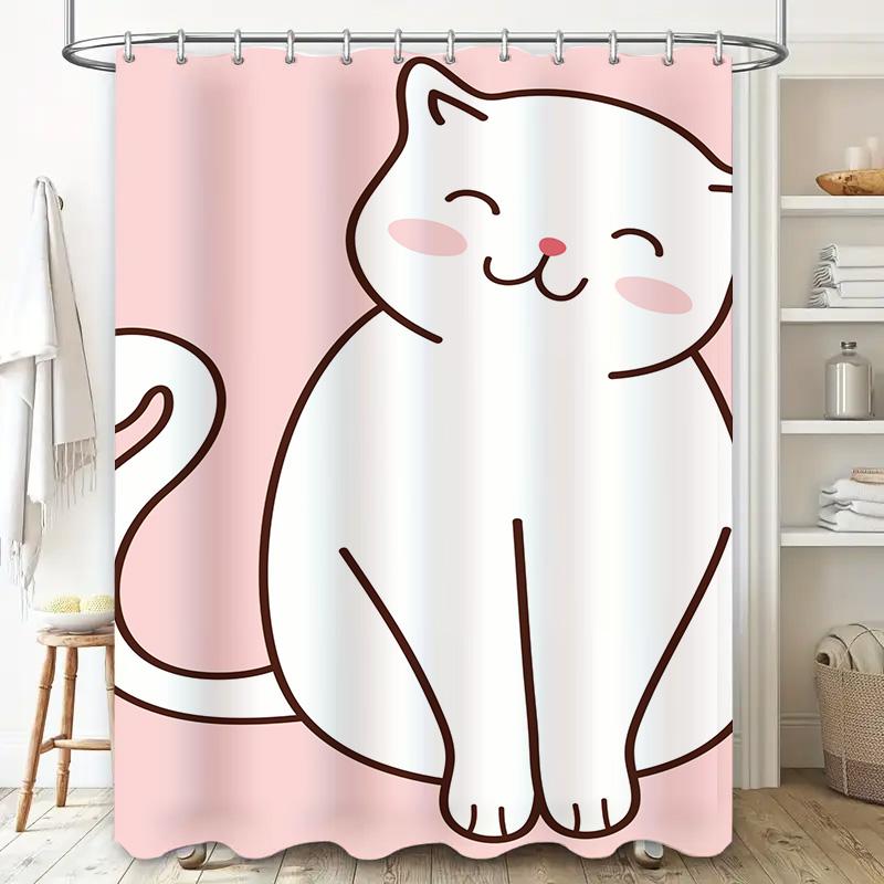 White Cat Bathroom Shower Curtain With Pink Background Perfect Decoration For Your Bathtub Area (Search Keyword: White Cat Showe