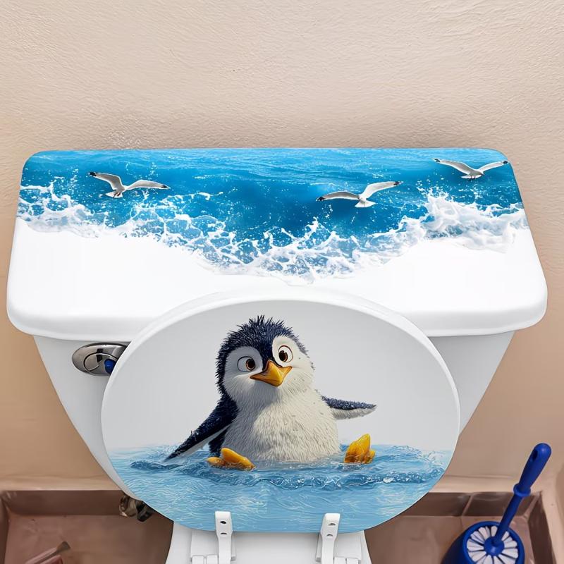 Cute Swimming Penguin Toilet Sticker Waterproof Easy Remove Decal for Toilet Lid Apartment Bathroom Budget Makeover