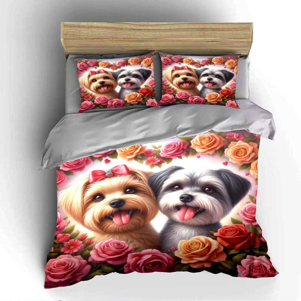 Cute Dogs with Roses Pattern Bedding Duvet Cover Set (1*Duvet Cover 2*Pillowcases, Without Duvet Insert)