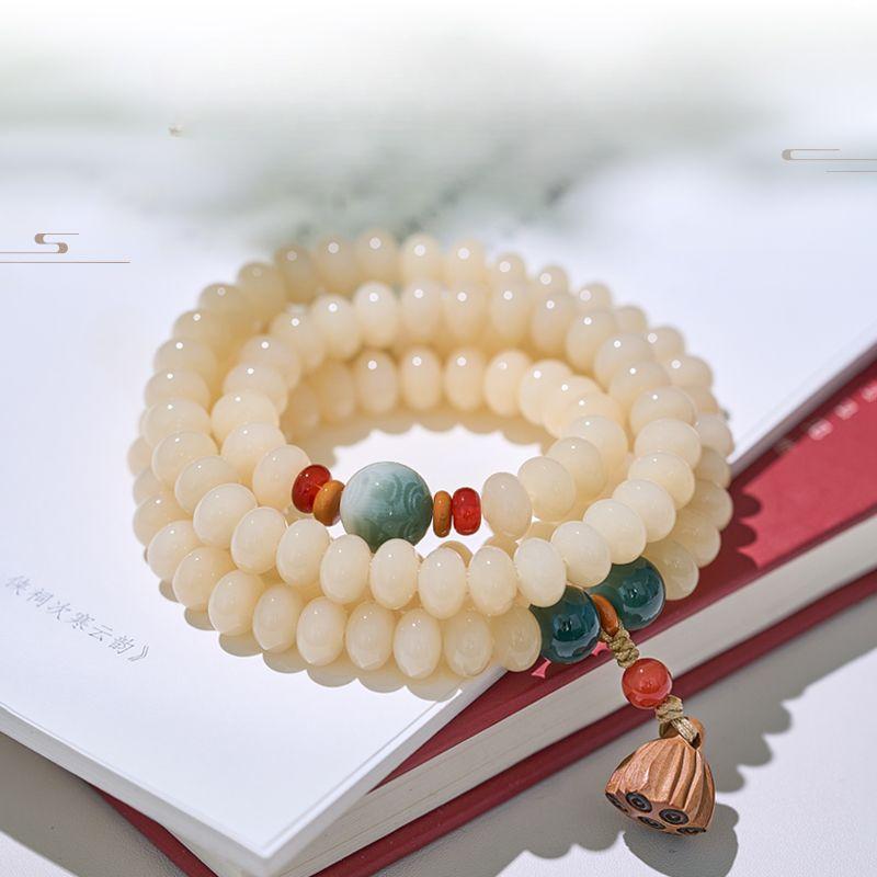 Brățară Mala din Semințe Bodhi Albe Naturale 108 - Mărgele de Rugăciune Budiste Zen Chinezești, Rozariu de Mână pentru Meditație Unisex, Bijuterii Spirituale Minimaliste